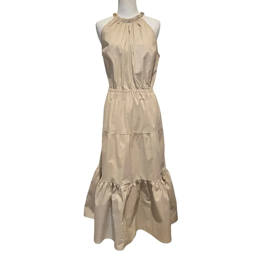 Michael Kors Khaki Gold Chain Halter Organic Stretch Cotton Midi Dress Tiered